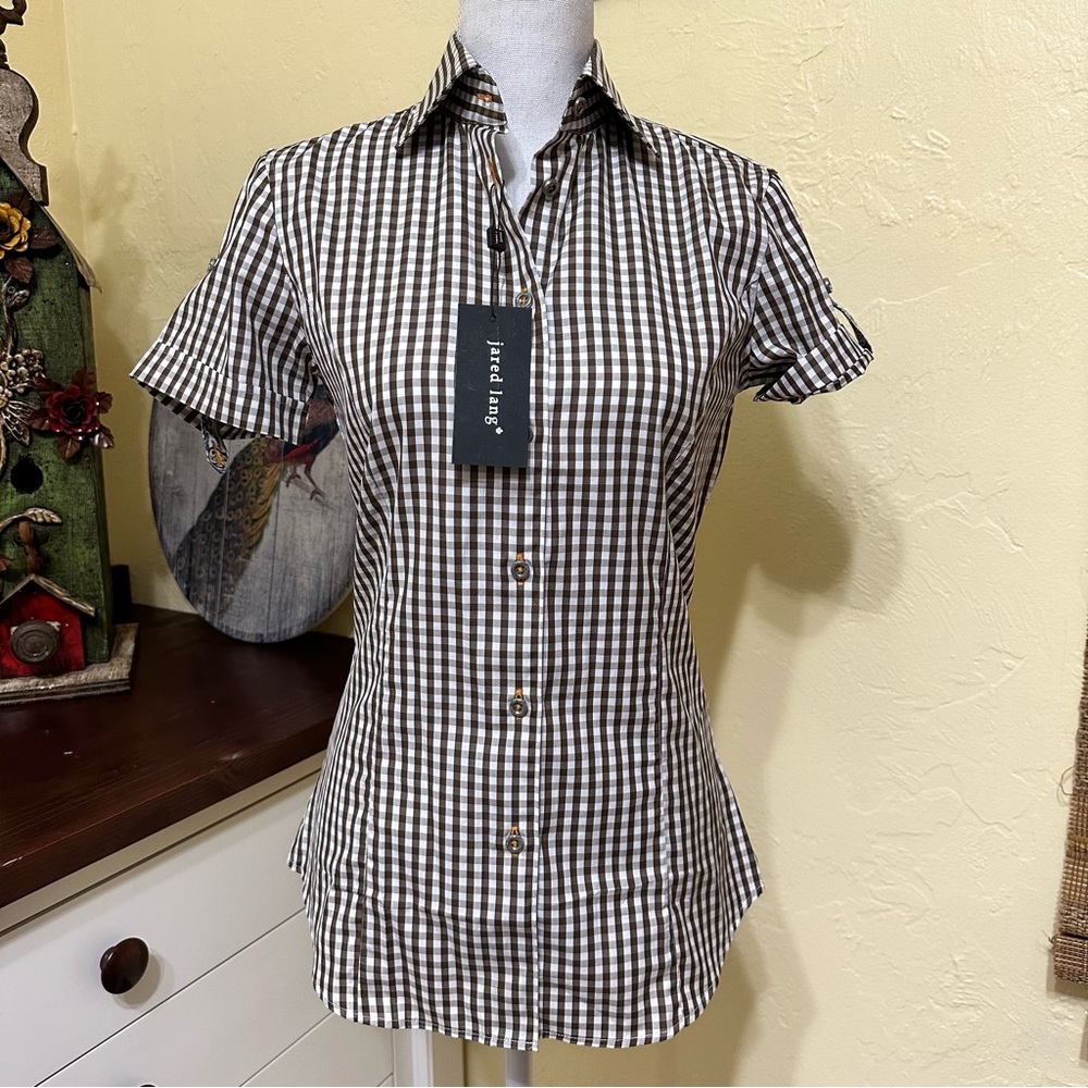 Jared Lang Brown and White Gingham Button-Down Shirt